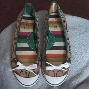 Coach Brown Flats with White and Green Details